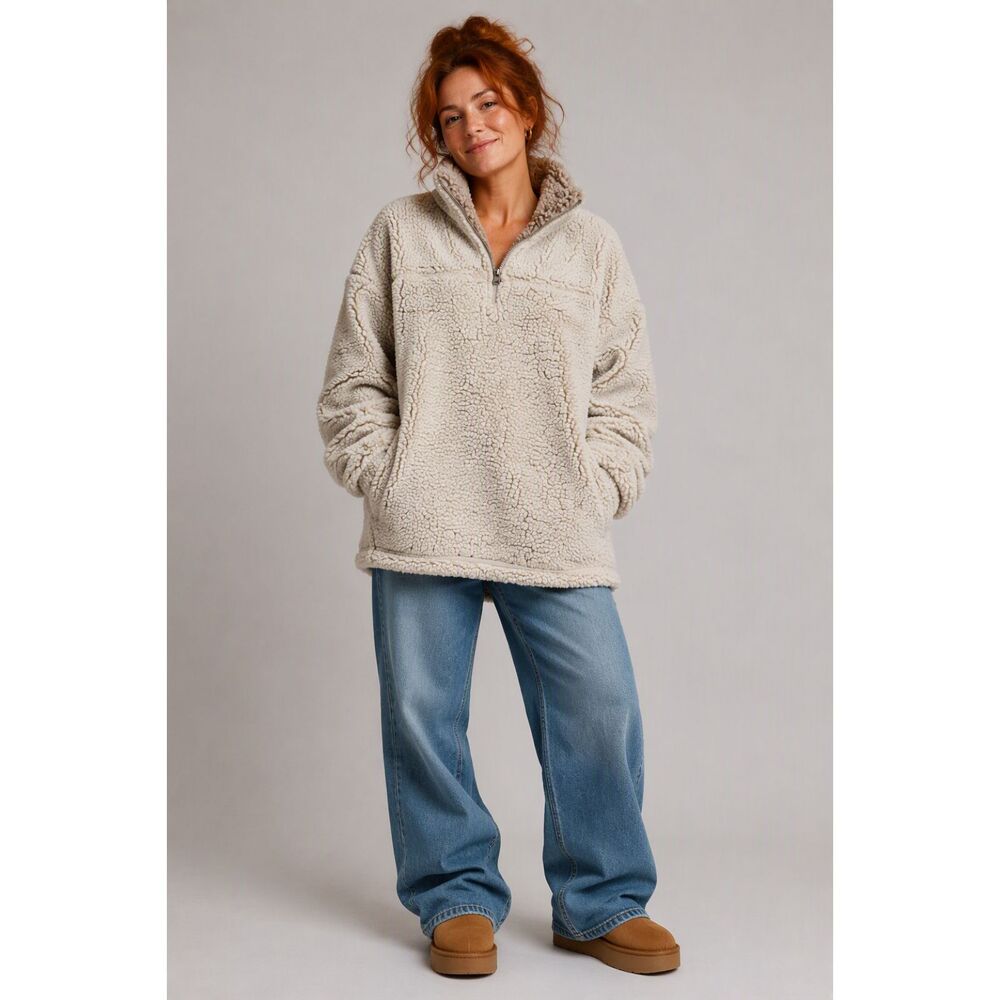 Altar'd State Sherpa Fleece Pullover Small Cream Quarter Zip Teddy Jacket